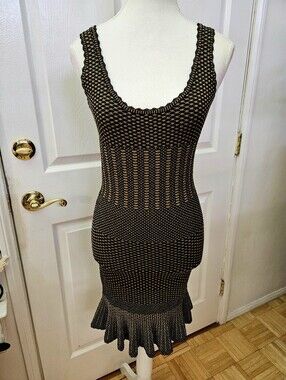 Torn by Ronny Kobo Metallic Black Gold Knit Bodycon Midi Stretch Dress M $395